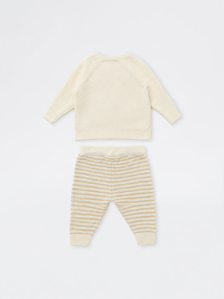 HOP Baby Boys Cream Teddy Embroidered Cardigan and Pants Set