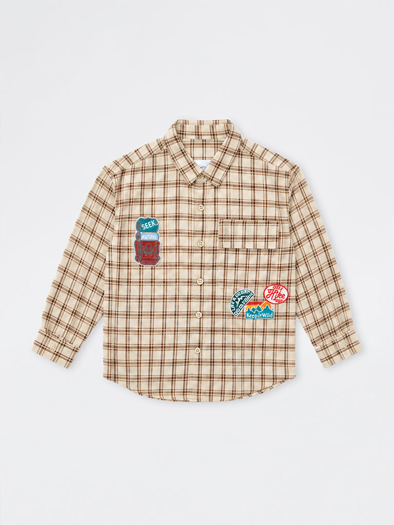 HOP Kids Boys Beige Checkered Cotton Shirt