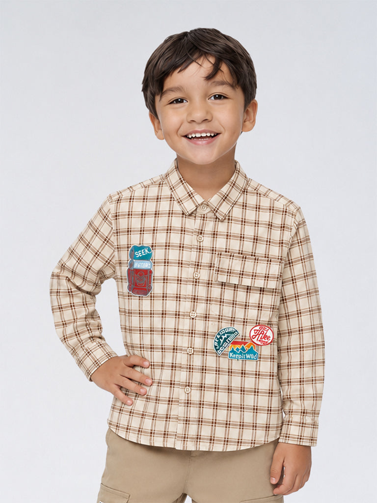 HOP Kids Boys Beige Checkered Cotton Shirt