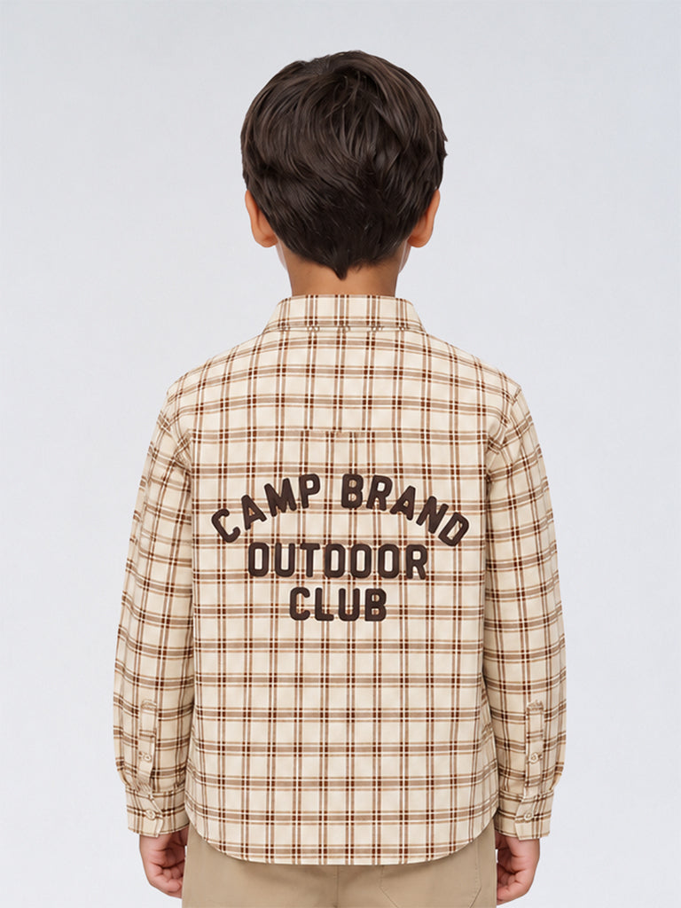 HOP Kids Boys Beige Checkered Cotton Shirt
