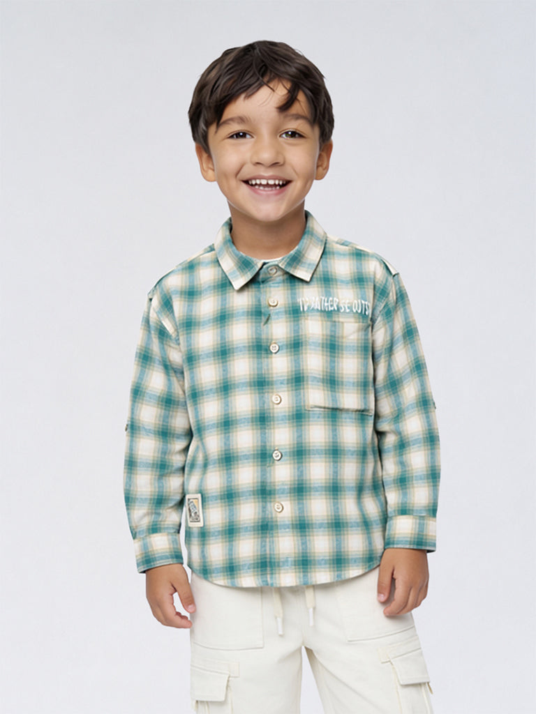 HOP Kids Boys Teal Checkered Cotton Shirt