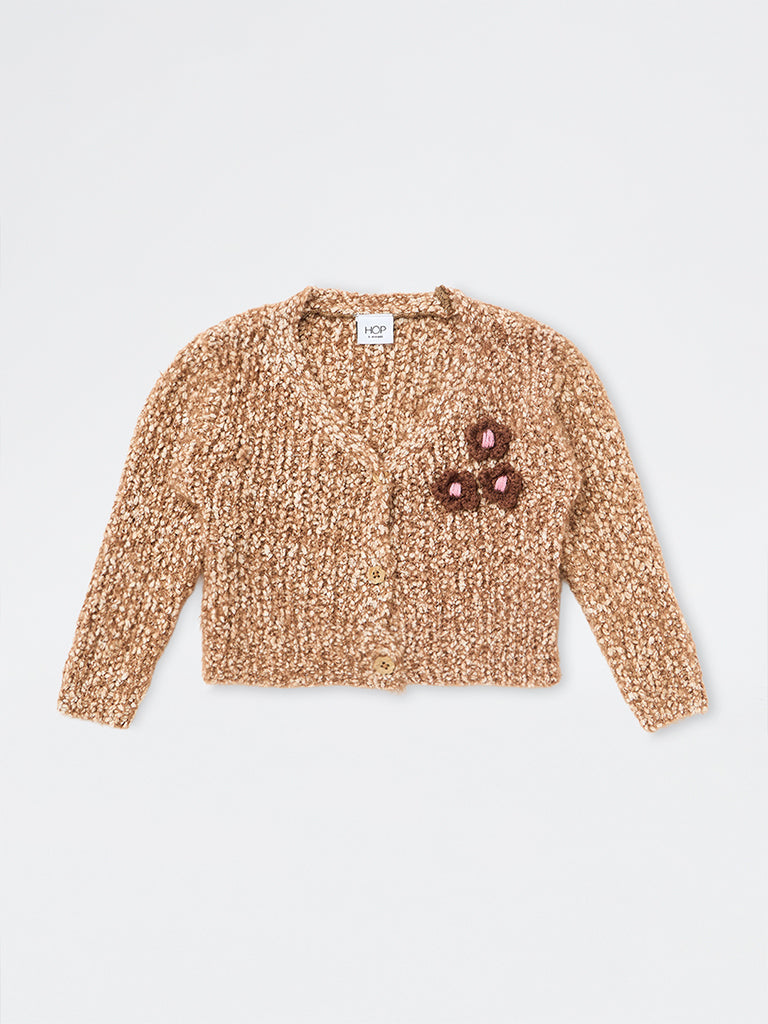 HOP Kids Girls Brown Floral Applique Knitted Cardigan