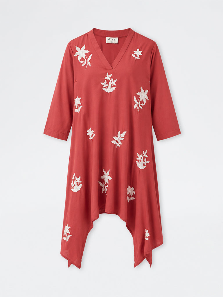 Diza Red Floral Embroidered Cotton-Blend A-Line Kurta