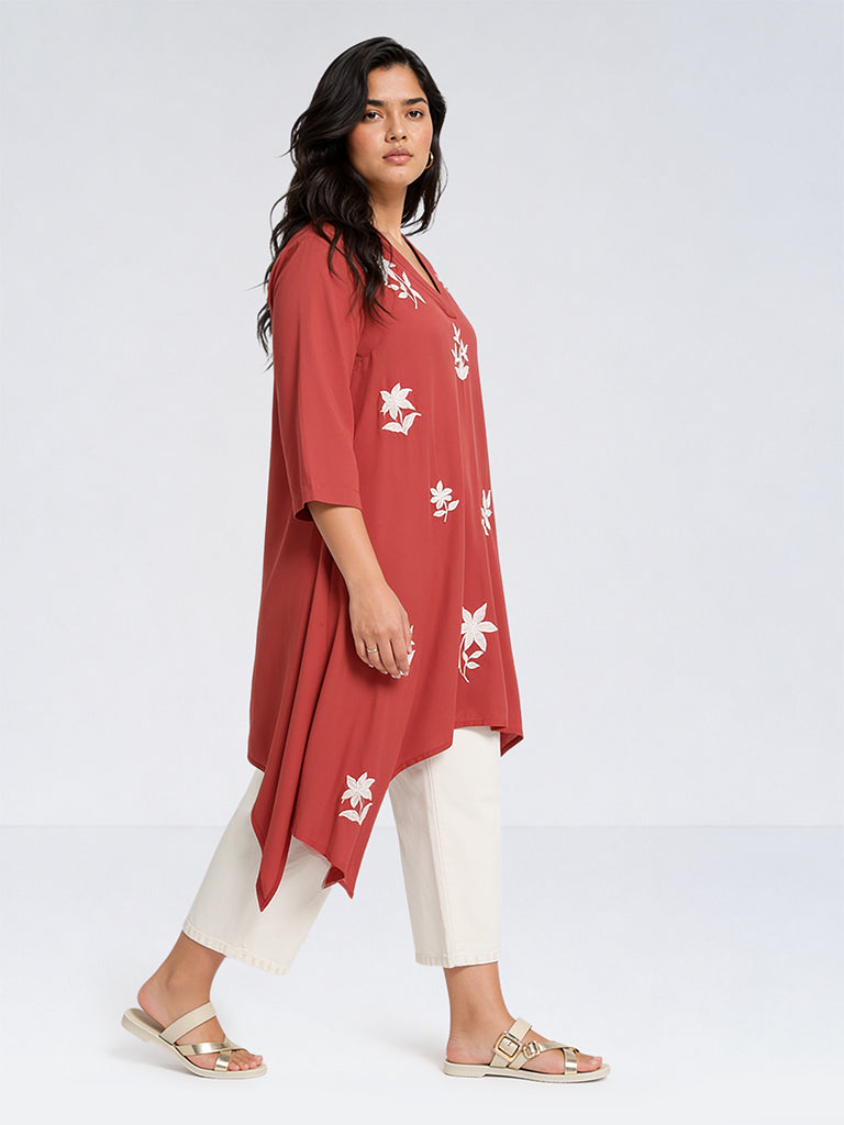 Diza Red Floral Embroidered Cotton-Blend A-Line Kurta