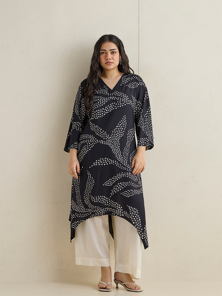 Diza Black Botanical Printed A-Line Kurta