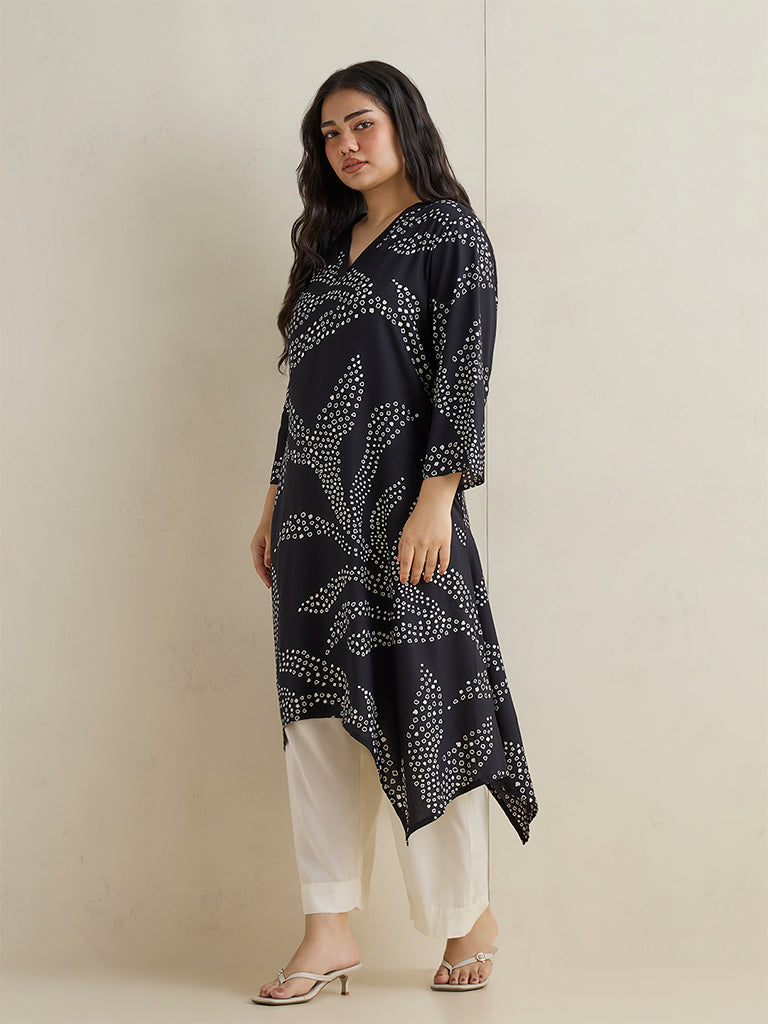 Diza Black Botanical Printed A-Line Kurta
