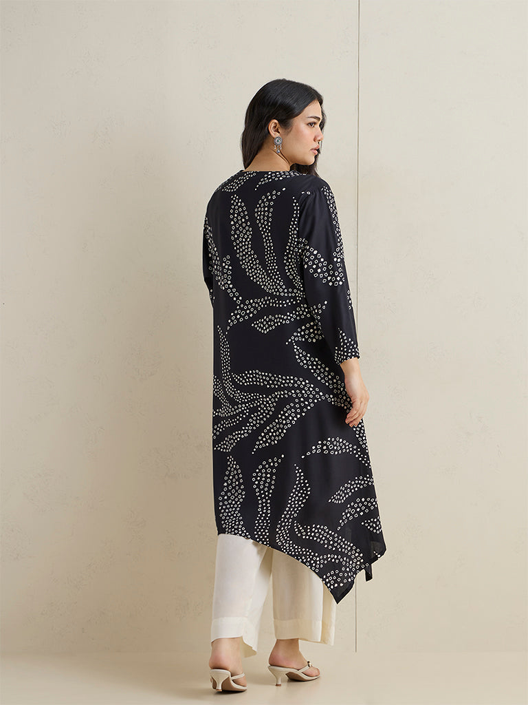 Diza Black Botanical Printed A-Line Kurta