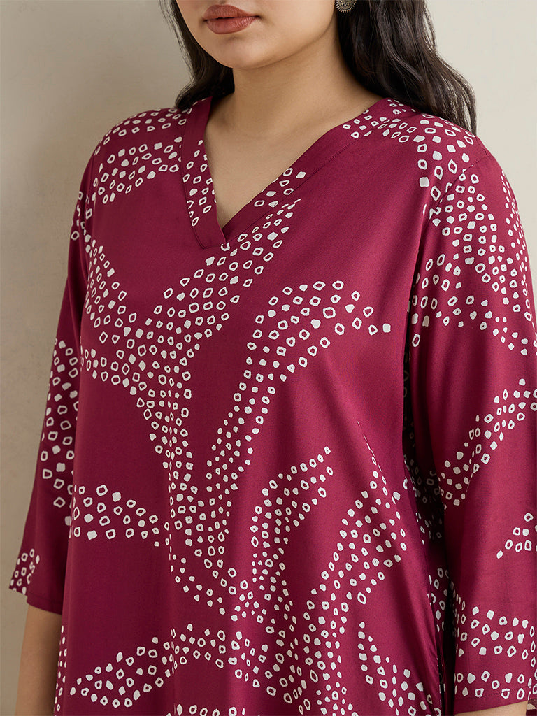 Diza Red Botanical Printed Cotton-Blend A-Line Kurta