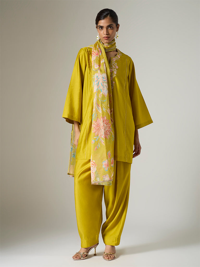 Vark Lime Floral Embroidered A-Line Ethnic Set