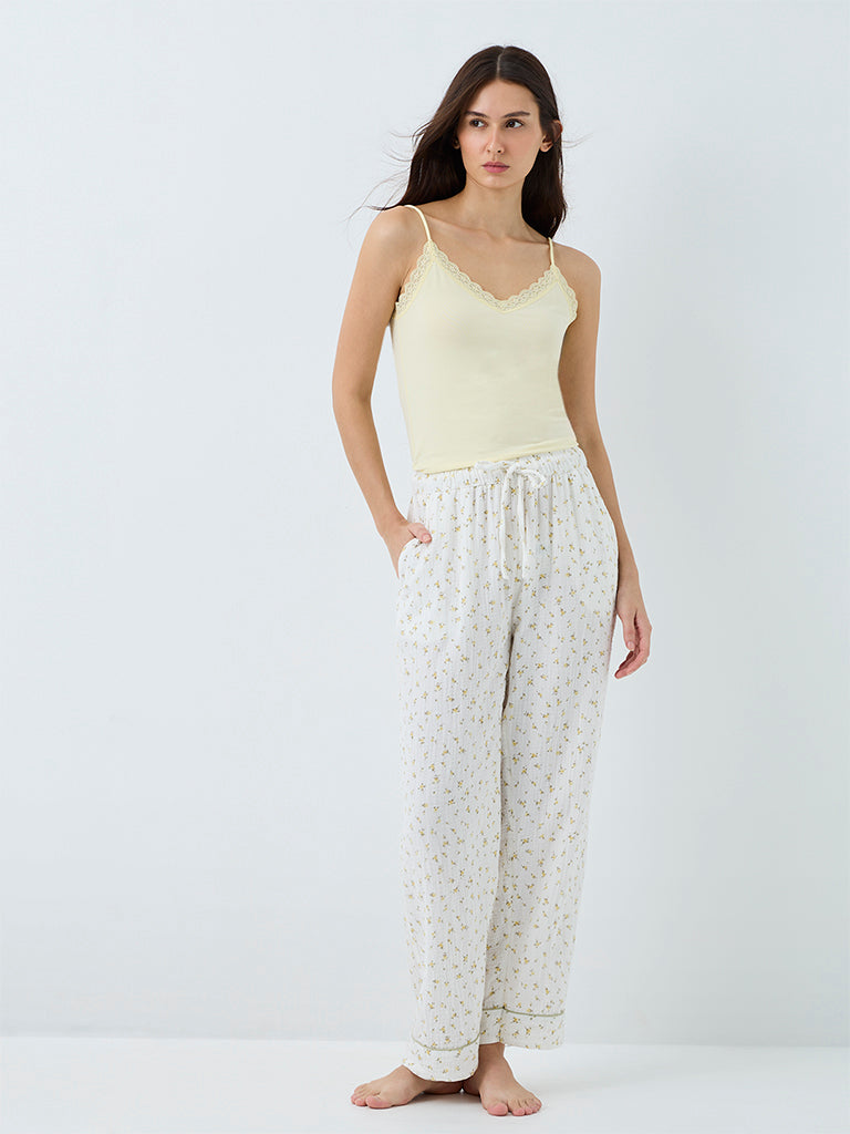 Wunderlove Light Yellow Lace-Detail Cotton-Blend Camisole