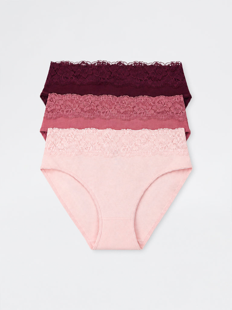 Wunderlove Light Pink Lace-Detail Cotton-Blend Hi-Leg Briefs - Pack of 3