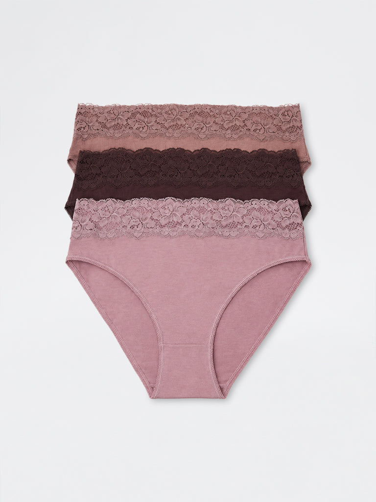 Wunderlove Mauve Lace Detailed Cotton-Blend Hi-Leg Briefs - Pack of 3