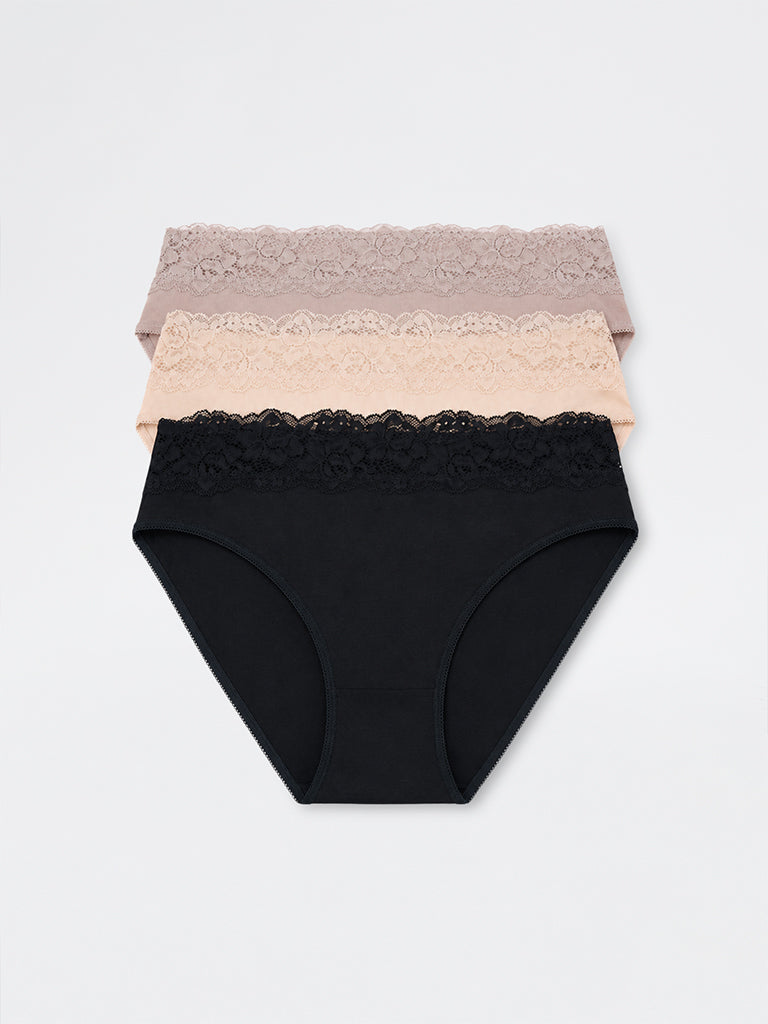 Wunderlove Black Lace Design Cotton-Blend Hi-Leg Briefs - Pack of 3