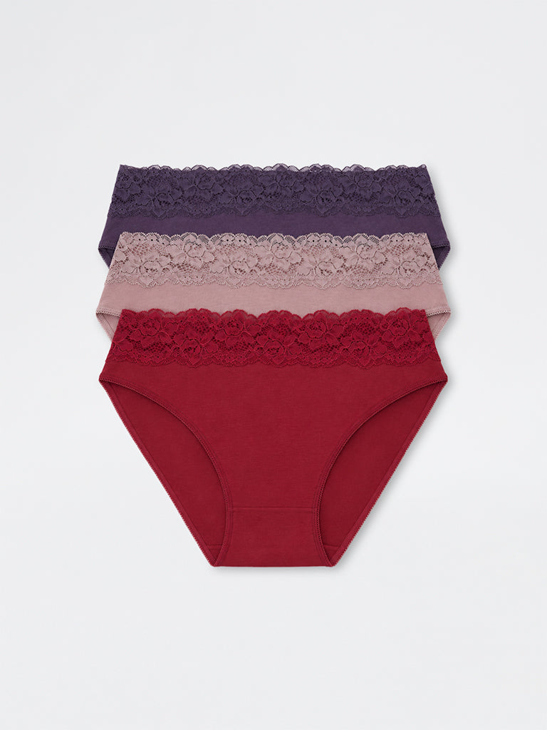 Wunderlove Dusty Mauve Lace Design Cotton-Blend Hi-Leg Briefs - Pack of 3