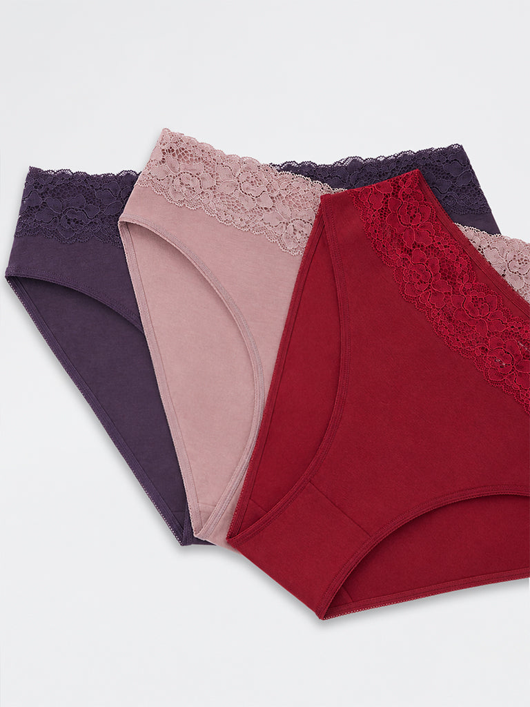 Wunderlove Dusty Mauve Lace Design Cotton-Blend Hi-Leg Briefs - Pack of 3