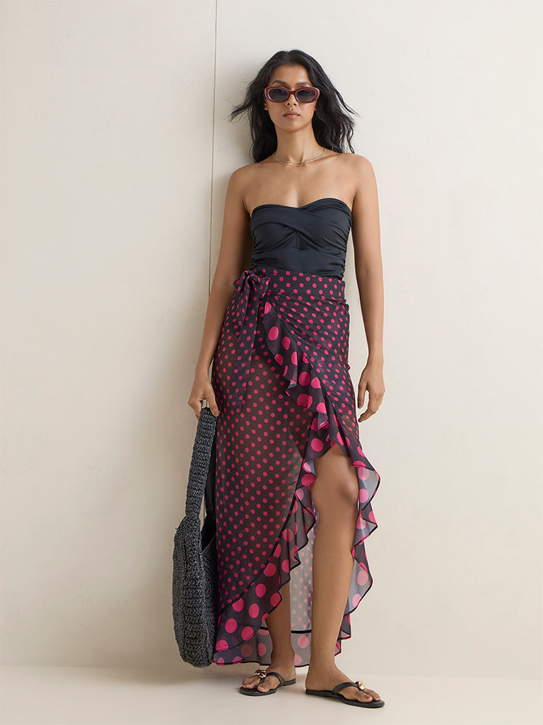 Wunderlove Swimwear Black Polka Dot Printed Sarong