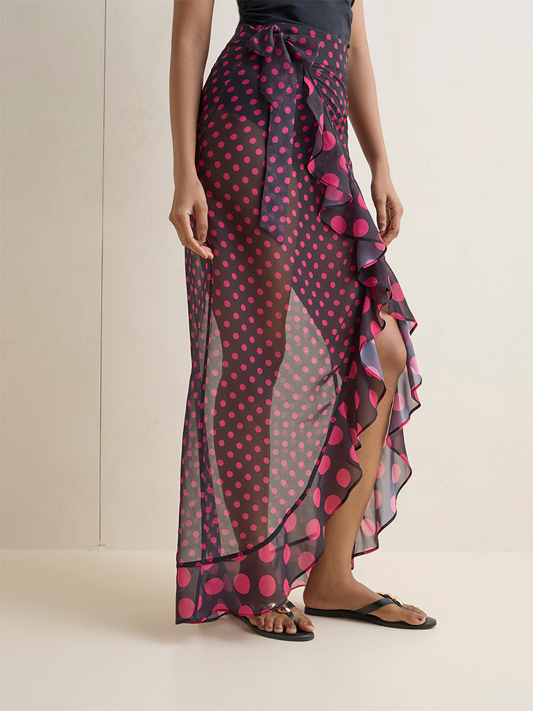 Wunderlove Swimwear Black Polka Dot Printed Sarong