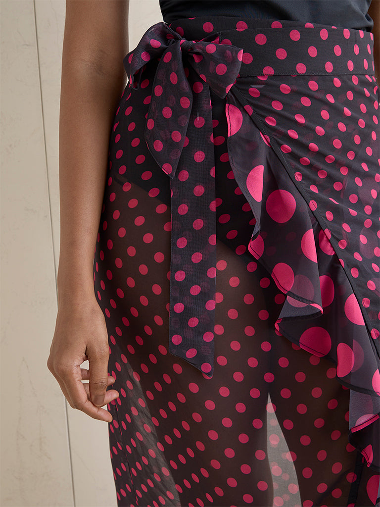 Wunderlove Swimwear Black Polka Dot Printed Sarong
