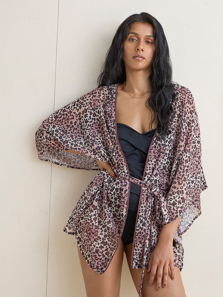 Wunderlove Brown Animal Printed Beach Shrug with Belt