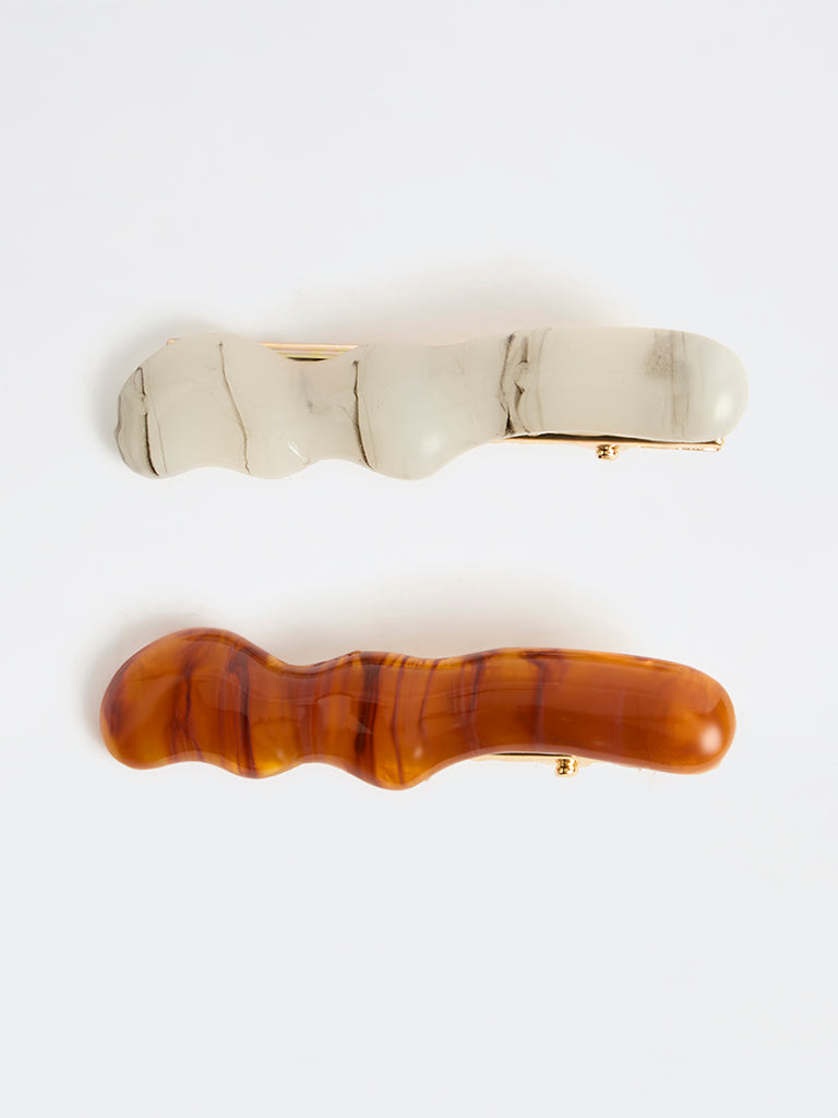 Westside Accessories Off-White and Brown Wavy Hair Clips