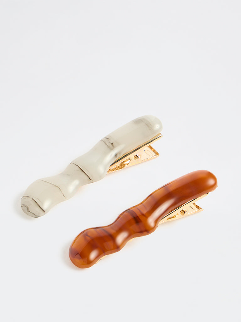Westside Accessories Off-White and Brown Wavy Hair Clips
