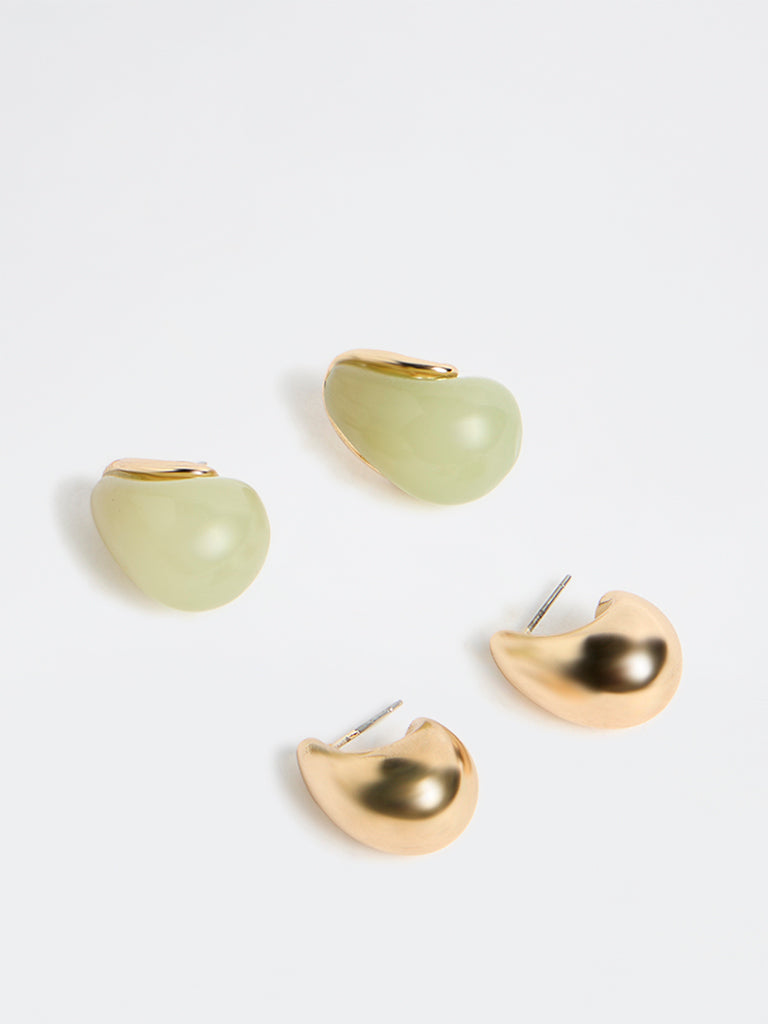 Westside Accessories Green and Gold Stud Earrings - Pack of 2