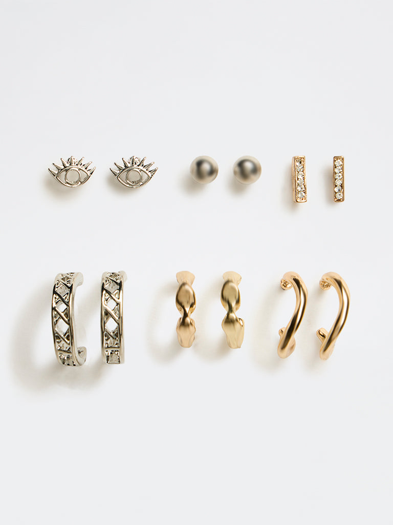 Westside Accessories Gold and Silver Studs and Hoops Earrings - Pack of 6