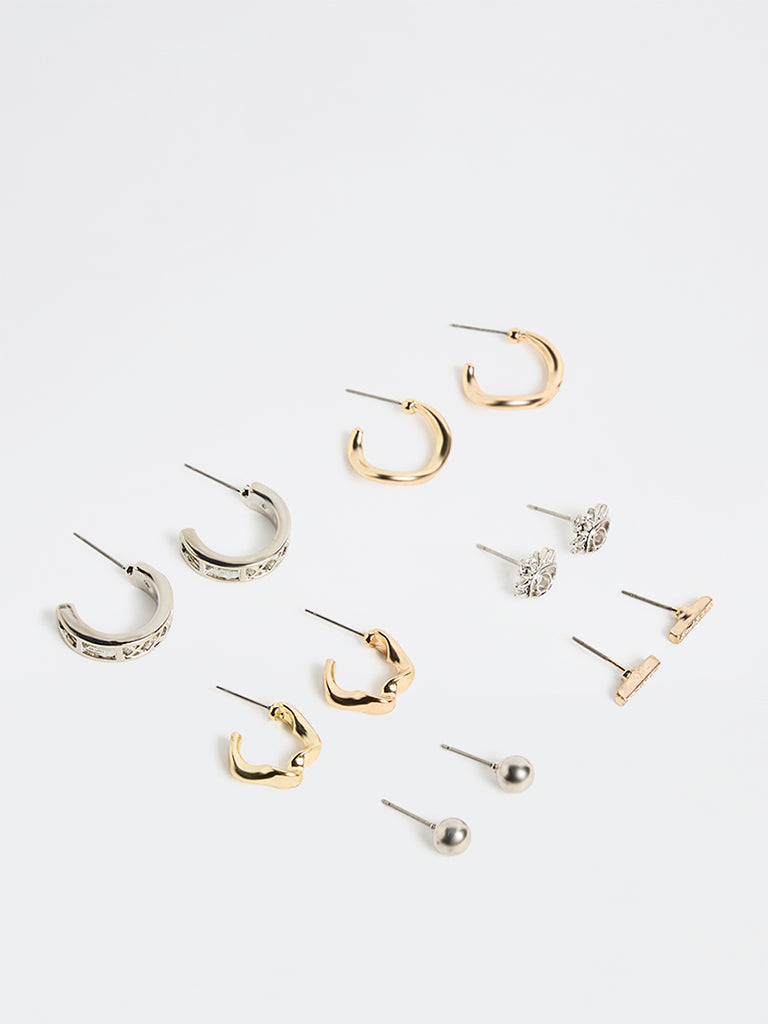 Westside Accessories Gold and Silver Studs and Hoops Earrings - Pack of 6
