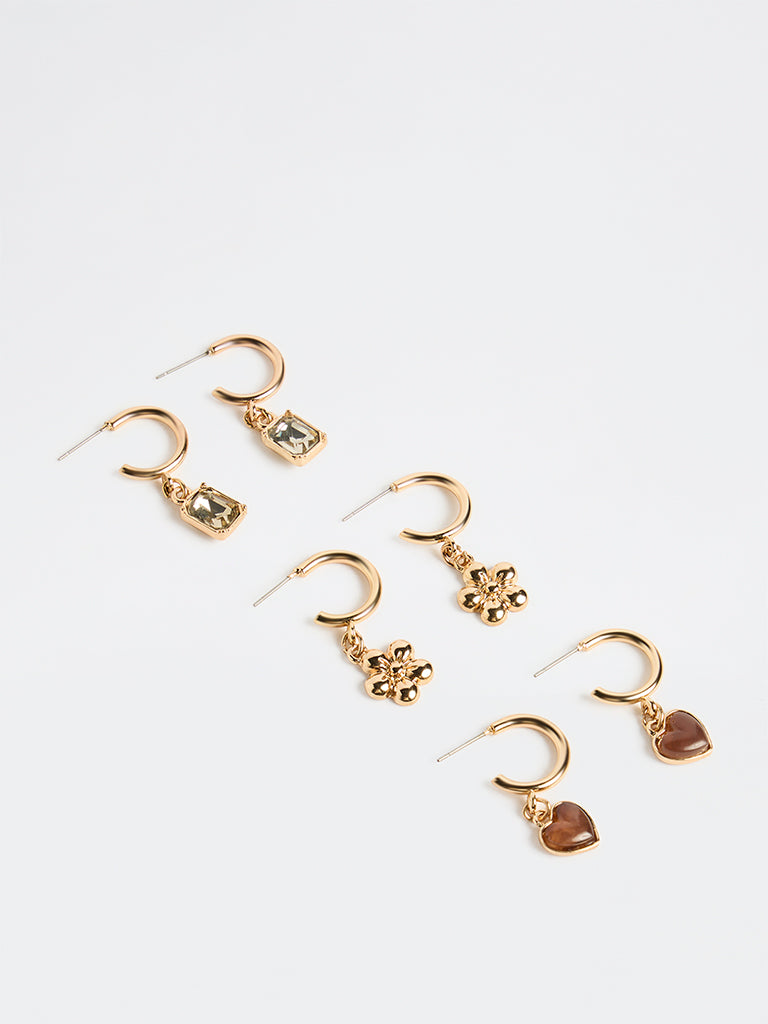 Westside Accessories Gold Multi-Charm Hoop Earrings - Pack of 3