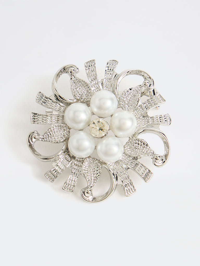Westside Accessories Silver Pearl Floral Motif Brooch