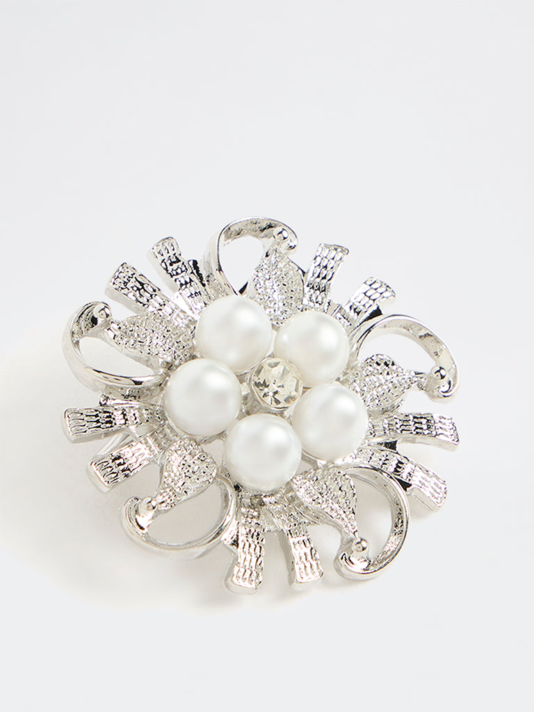 Westside Accessories Silver Pearl Floral Motif Brooch