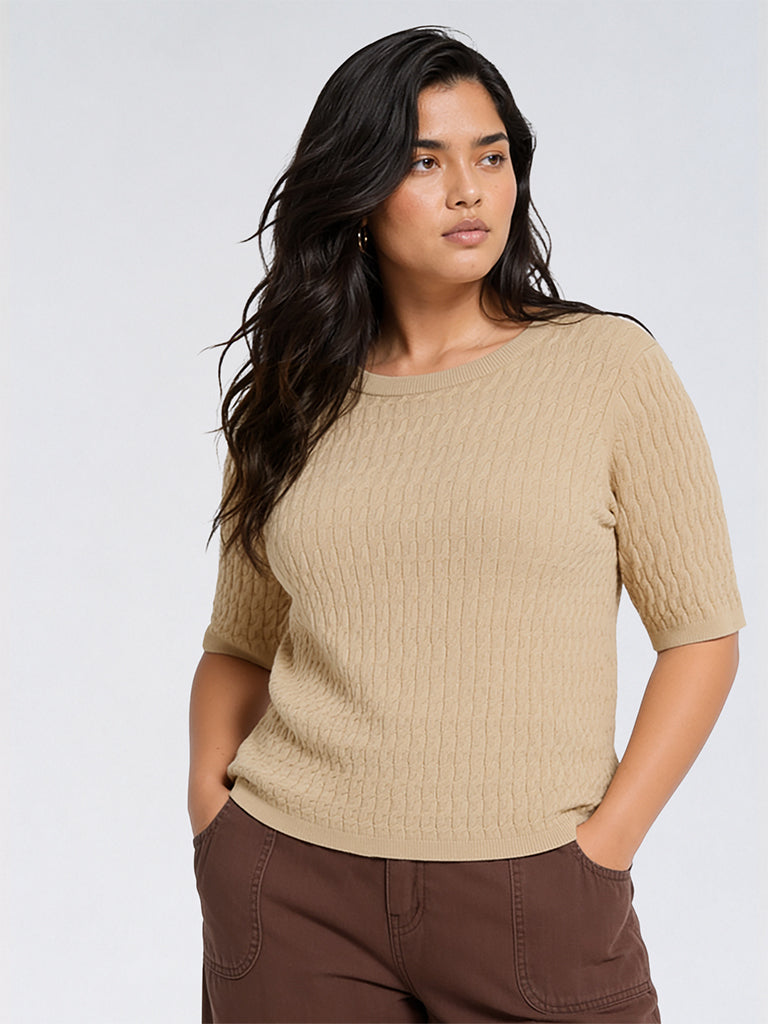 Gia Beige Knit-Textured Top