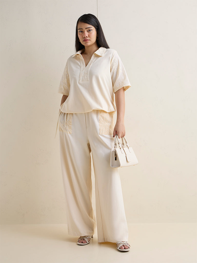 Gia Cream Floral Embroidered Cotton-Blend High-Rise Pants