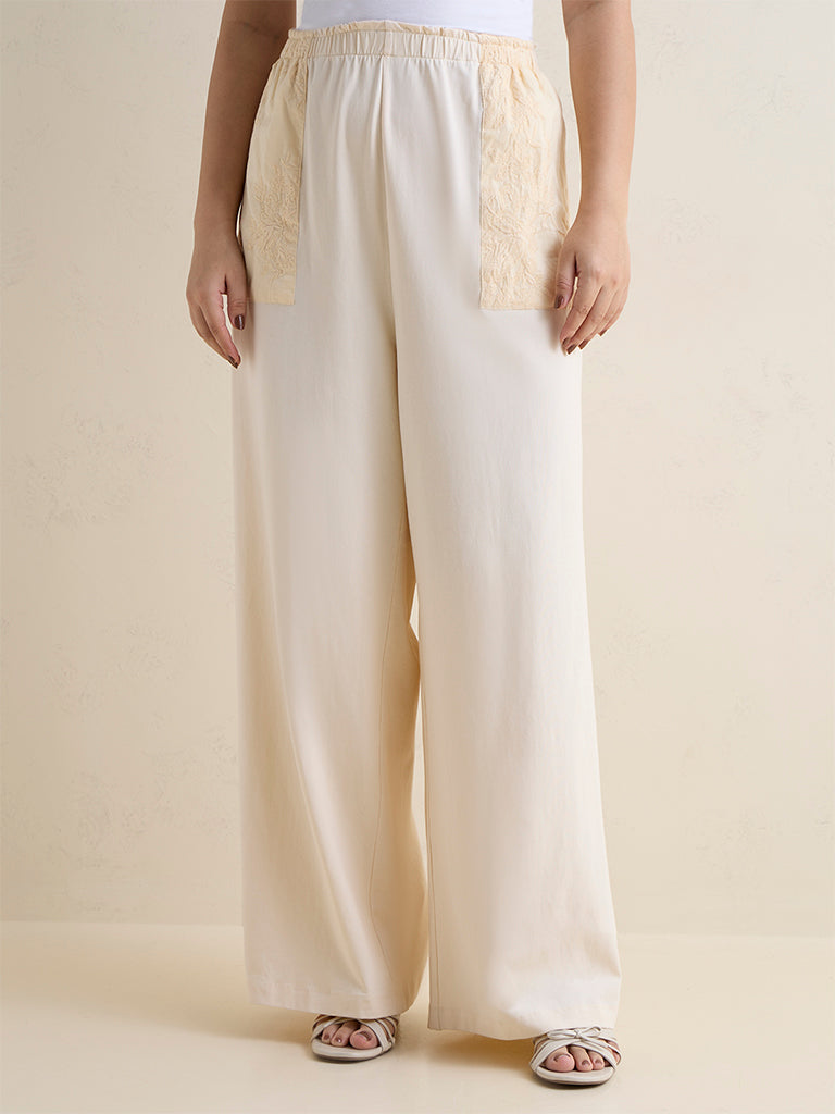 Gia Cream Floral Embroidered Cotton-Blend High-Rise Pants