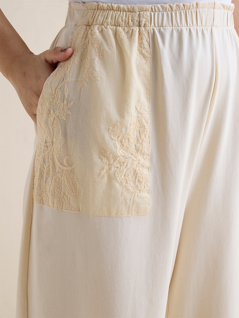 Gia Cream Floral Embroidered Cotton-Blend High-Rise Pants