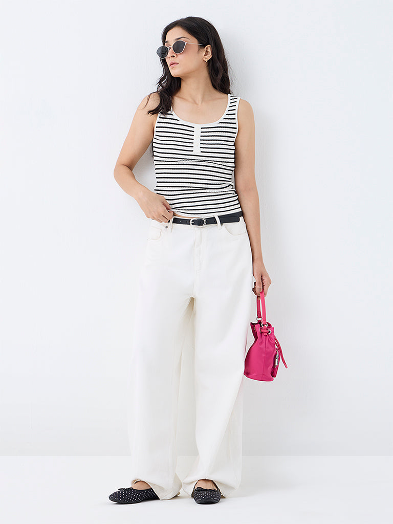 Nuon White Striped Pattern Top