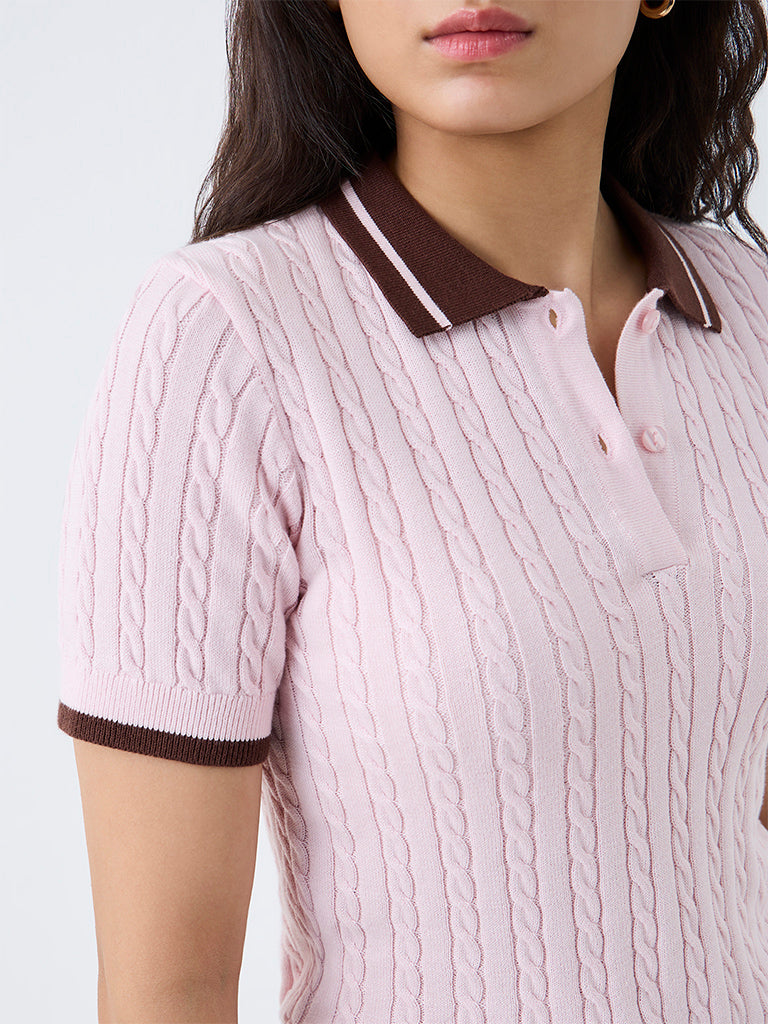 Nuon Light Pink Cable-Knitted Cotton Polo T-Shirt