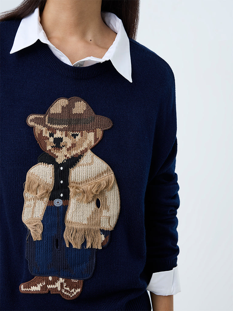 Nuon Navy Teddy Embroidered Knitted Sweater