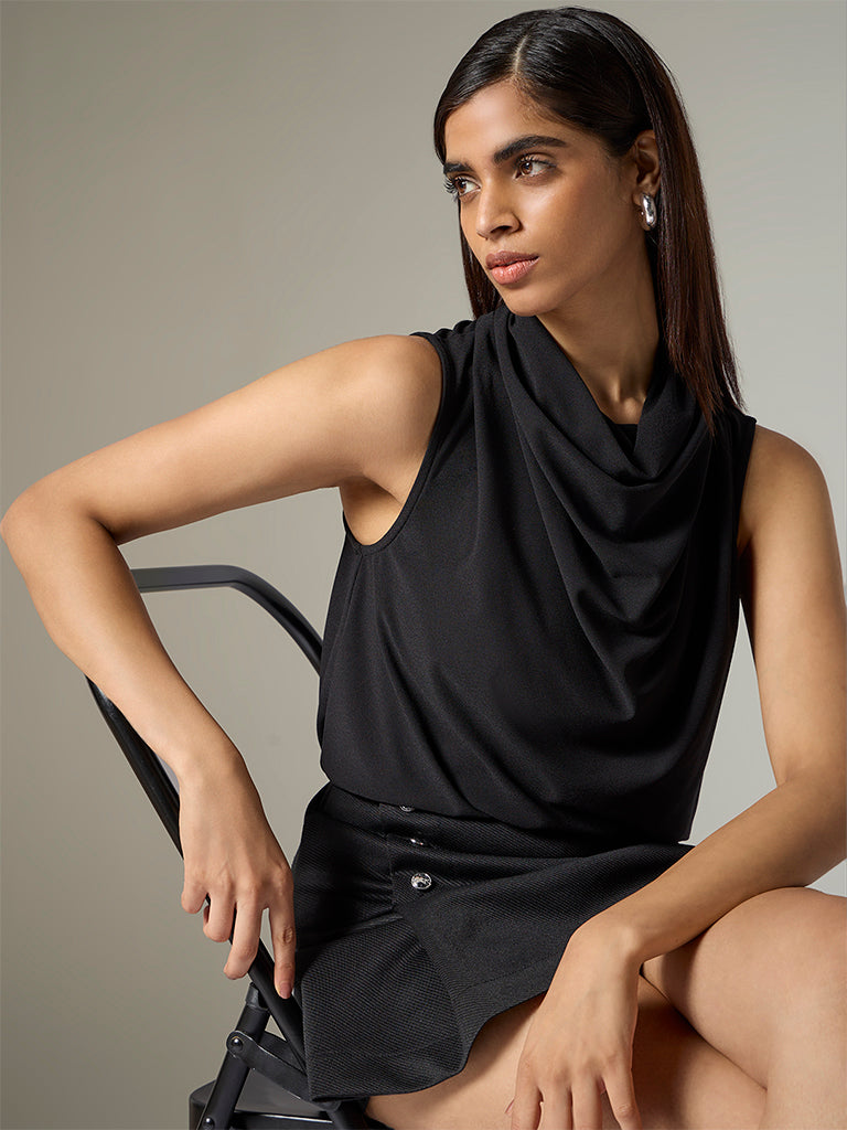 Wardrobe Black Solid Cowl-Neck Top
