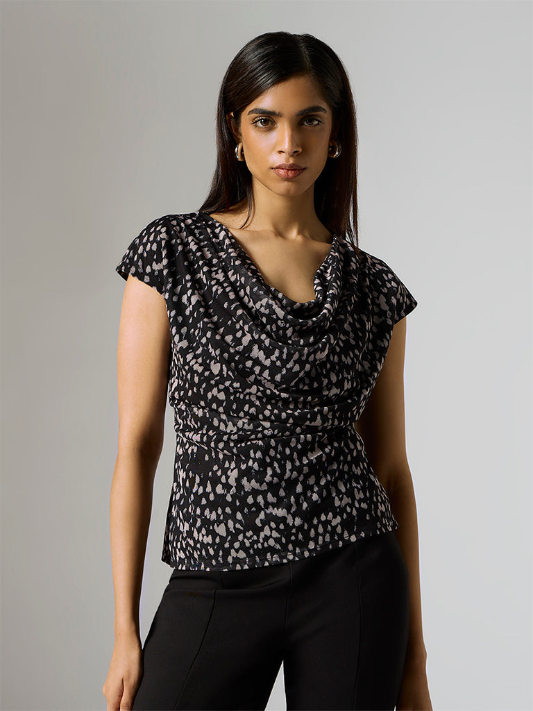 Wardrobe Black Printed Cowl-Neck Top