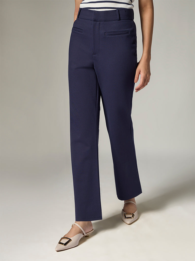 Wardrobe Navy Solid High-Rise Trousers
