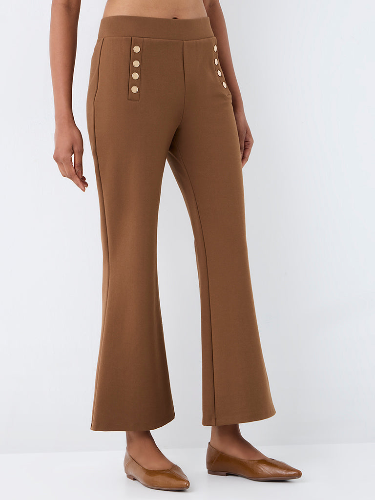 Wardrobe Brown Button-Detail Flared High-Rise Trousers