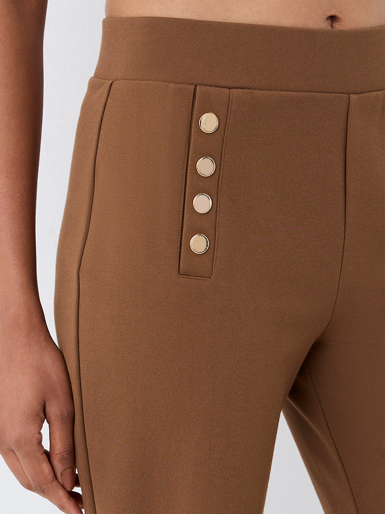 Wardrobe Brown Button-Detail Flared High-Rise Trousers