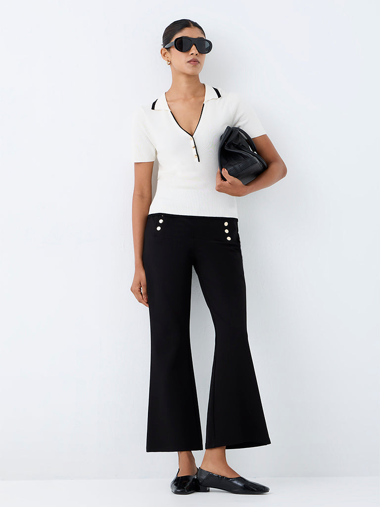 Wardrobe Black Button-Detail Flared High-Rise Trousers