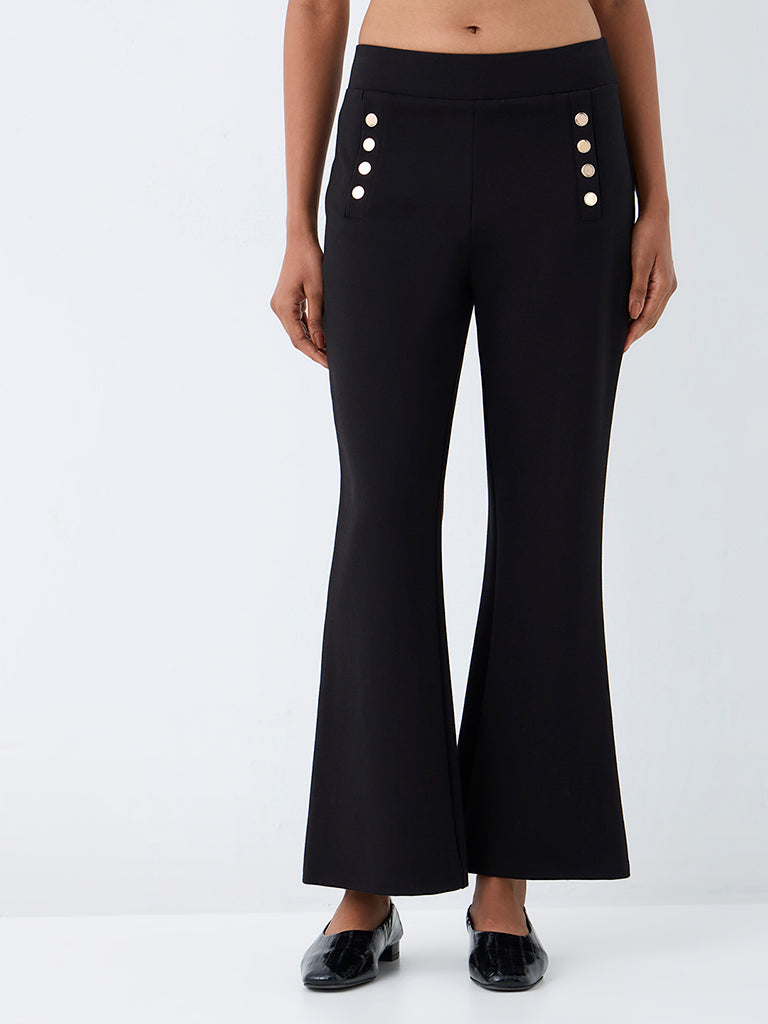 Wardrobe Black Button-Detail Flared High-Rise Trousers
