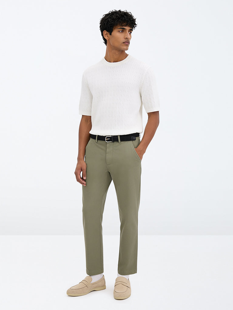 Ascot Olive Relaxed-Fit Mid-Rise Cotton-Blend Trousers