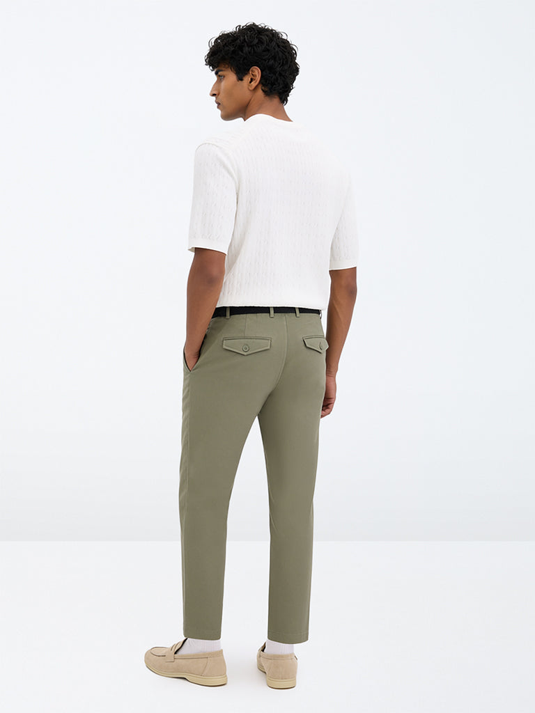 Ascot Olive Relaxed-Fit Mid-Rise Cotton-Blend Trousers