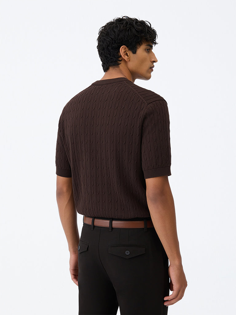 Ascot Dark Brown Cable-Knit Relaxed-Fit Cotton-Blend T-Shirt