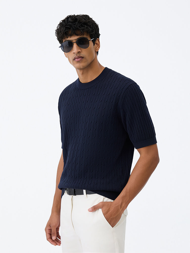 Ascot Navy Cable-Knit Relaxed-Fit Cotton-Blend T-Shirt