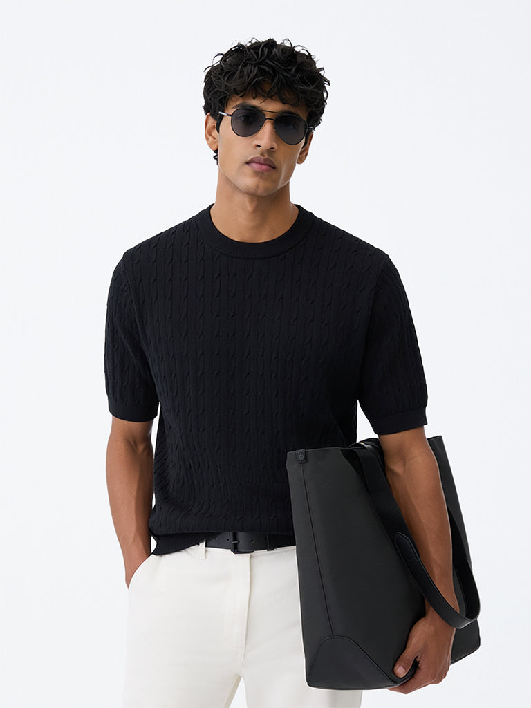 Ascot Black Cable-Knit Relaxed-Fit Cotton-Blend T-Shirt